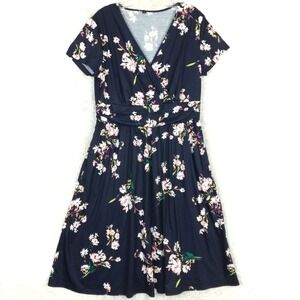 Ouges Womens Dress A Line Midi Navy Floral Print V Neck Short Sleeve‎ XL New